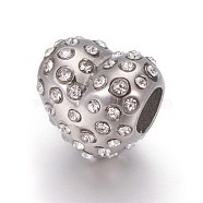 304 Stainless Steel European Style Beads, Large Hole Beads, with Rhinestone, Heart, Stainless Steel Color, Crystal, 10.5x11x8mm, Hole: 4.5mm(OPDL-L013-22B)