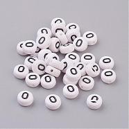 Flat Round with Letter O Acrylic Beads, with Horizontal Hole, White & Black, Size: about 7mm in diameter, 4mm thick, hole: 1mm(X-PL37C9070-O)