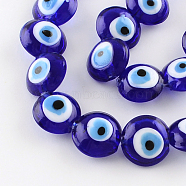 Flat Round Evil Eye Lampwork Bead Strands, Blue, 15~16x8~9mm, Hole: 2mm, about 24pcs/strand, 13.7 inch(X-LAMP-R118-01)