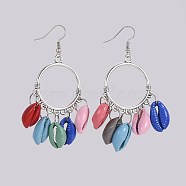 Dyed Cowrie Shell Dangle Earrings, with Zinc Alloy Connectors and Brass Earring Hooks, Mixed Color, 65~68mm, Pin: 0.8mm(EJEW-JE02944)