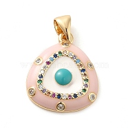 Real 18K Gold Plated Brass Clear Cubic Zirconia Pendants, with Enamel, Triangle with Evil Eye, Pink, 18x15.5x3mm, Hole: 5x3.5mm(KK-A198-10G-02)