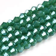 Opaque Solid Color Electroplate Glass Beads Strands, Pearl Luster Plated, Faceted, Bicone, Sea Green, 2.9~3.3x2.5mm, Hole: 0.7mm, about 145~150pcs/strand, 16.34~16.54 inch(41.5~42cm)(EGLA-A039-P2mm-A07)