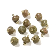 Natural Unakite Rondelle Charms with Rack Plating Brass Loops, Real 18K Gold Plated, Long-Lasting Plated, 9.5~11x8~8.5mm, Hole: 1.8mm(G-G110-05B-15)