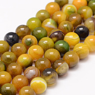 Natural Striped Agate/Banded Agate Bead Strands, Round, Dyed & Heated, Yellow Green, 8mm, Hole: 1mm, about 47~48pcs/strand, 14.5 inch(G-K155-A-8mm-08)