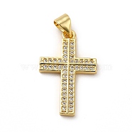 Rack Plating Brass Micro Pave Cubic Zirconia Pendants, Cadmium Free & Lead Free, Real 18K Gold Plated, Religion Cross Charm, Clear, 29x19x2mm, Hole: 4x3.5mm(KK-E072-03G)