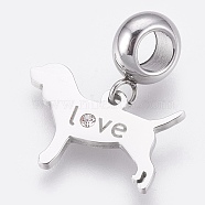 304 Stainless Steel Puppy European Dangle Charms, Large Hole Pendants, with Rhinestone, Dog Silhouette with Word Love, Stainless Steel Color, 20mm, Hole: 4mm, Pendant: 12x17.5x1mm(STAS-O097-18P)