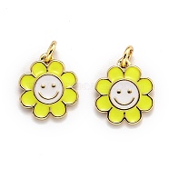 Brass Enamel Charms, Real 18K Gold Plated, Long-Lasting Plated, Flower, Yellow, 14.5x13x1.5mm, Hole: 3mm(X-KK-O135-01C)