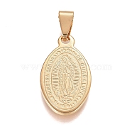 304 Stainless Steel Pendants, Oval with Virgin Mary, Golden, 27x15x1.5mm, Hole: 3.5x8.5mm(STAS-G210-10G)