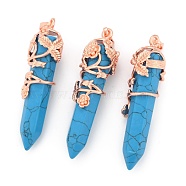 Synthetic Turquoise Pointed Pendants, with Brass Findings, Bullet, Rose Gold, 57~60x16mm, Hole: 8x5mm(G-O164-02-RG03)