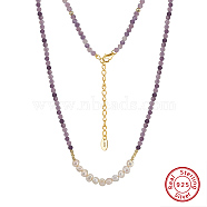 Round Natural Lepidolite & Natural Freshwater Pearl & 925 Sterling Silver Beaded Necklaces for Women, Real 14K Gold Plated, 15.75 inch(40cm)(NJEW-G154-01G)