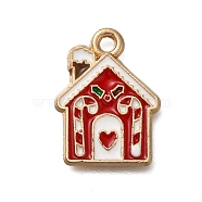 Christmas Theme Alloy Enamel Pendants, House with Candy Cane Charm, Golden, Red, 17.5x13x1mm, Hole: 1.6mm(X-ENAM-S021-03G)