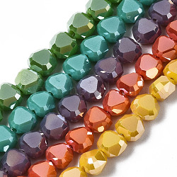Electroplate Opaque Solid Color Glass Beads Strands, Faceted Heart, Mixed Color, 6x6x4mm, Hole: 1mm, about 100~102pcs/strand, 21.26 inch~22.44 inch(54~57cm)(EGLA-N006-002)