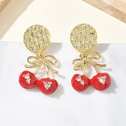 Brass Micro Pave Cubic Zirconia Dangle Stud Earrings for Women, Cherry, with Enamel, Rack Plating, Long-Lasting Plated, Lead Free & Cadmium Free, Real 18K Gold Plated, 31.5x17.5mm(EJEW-A167-01G)