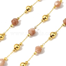 Handmade Sunstone Faceted Round Beaded Chains, Soldered, with Brass Beads, Long-Lasting Plated, with Spool, Golden, 6mm, about 32.81 Feet(10m)/Roll(CHC-F021-01G-02)