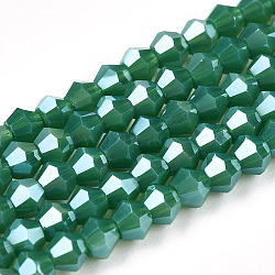 Opaque Solid Color Electroplate Glass Beads Strands, Pearl Luster Plated, Faceted, Bicone, Sea Green, 2.9~3.3x2.5mm, Hole: 0.7mm, about 145~150pcs/strand, 16.34~16.54 inch(41.5~42cm)(EGLA-A039-P2mm-A07)