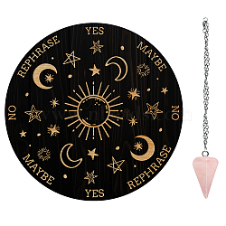 AHADEMAKER 1Pc Cone/Spike/Pendulum Natural Rose Quartz Stone Pendants, 1Pc 304 Stainless Steel Cable Chain Necklaces, 1Pc PVC Custom Pendulum Board, Dowsing Divination Board, Sun Pattern, Board: 200x4mm(DIY-GA0004-32B)