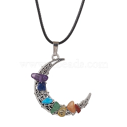 Tibetan Style Alloy Moon Pendant Necklace, Natural & Synthetic Mixed Gemstone Chips Chakra Theme Necklace, Antique Silver, 17.83 inch(45.3cm)(NJEW-JN04607-01)
