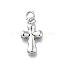 Brass Pendants, Cross Charms, Long-Lasting Plated, Lead Free & Cadmium Free, Rack Plating, with Jump Ring, Platinum, 17.5x10x2.5mm, Hole: 3mm(KK-K400-17A-P)