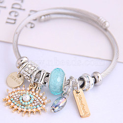 Adjustable 304 Stainless Steel European Bangles, Charm Bangles for Women, Word Morava & Evil Eye, with Alloy & Rhinestone & Resin, Pale Turquoise, Inner Diameter: 2-1/8 inch(5.5cm)(FS-WG38FEB-02)