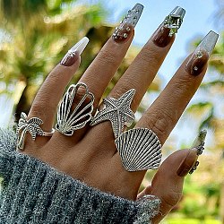 4Pcs 4 Styles Alloy Starfish/Shell Shape/Coconut Tree Finger Rings for Unisex, Antique Silver, Inner Diameter: 18~19mm, 1pc/style(PW-WG2B6F0-01)