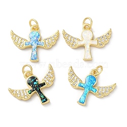 Brass Micro Pave Clear Cubic Zirconia Pendants, with Synthetic Opal and Jump Ring, Real 18K Gold Plated, Wing, 16x20x2.5mm, Hole: 3.6mm(KK-C045-15G)