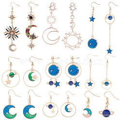 ANATTASOUL 9 Pairs 9 Style Rhinestone Sun & Moon & Star & Planet Enamel Asymmetrical Earrings, Alloy Long Dangle Earrings for Women, Mixed Color, 28~103mm, Pin: 0.5~0.7mm, 1 Pair/style(EJEW-AN0002-14)