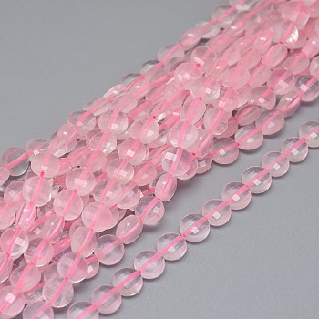 Natural Rose Quartz Beads Strands, Faceted, Flat Round, 5.5~6.5x3.5mm, Hole: 0.8mm, about 62pcs/strand, 14.96~15.03 inch(38~38.2cm)