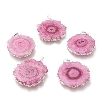 Dyed Natural Druzy Solar Quartz Crystal Pendants, Edge Plated, with Brass Bails, Sunflower, Silver, Hot Pink, 40~50x30~45x5~6mm, Hole: 4x6mm