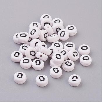 Flat Round with Letter O Acrylic Beads, with Horizontal Hole, White & Black, Size: about 7mm in diameter, 4mm thick, hole: 1mm