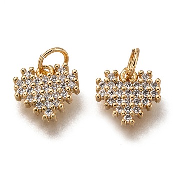 Brass Micro Pave Clear Cubic Zirconia Charms, Cadmium Free & Lead Free, Long-Lasting Plated, Heart, Golden, 9x10x2mm, Hole: 3mm