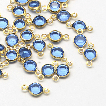 Brass Glass Links/Connectors, Faceted Flat Round, Raw(Unplated), Cornflower Blue, 13x6~7x3mm, Hole: 2mm