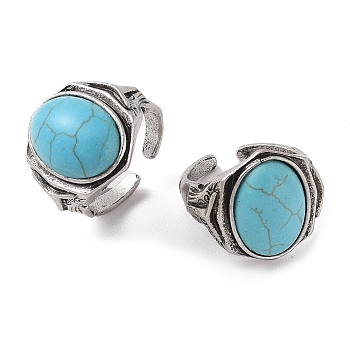 Oval Synthetic Turquoise Cuff Rings, Alloy Wide Open Rings for Women, Cadmium Free & Lead Free, Antique Silver, 21mm, Inner Diameter: Adjustable 