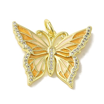 Butterfly Brass Enamel Micro Pave Cubic Zirconia Pendants, Real 18K Gold Plated, with Jump Ring, Orange, 22x26.5x3mm, Hole: 4.2mm