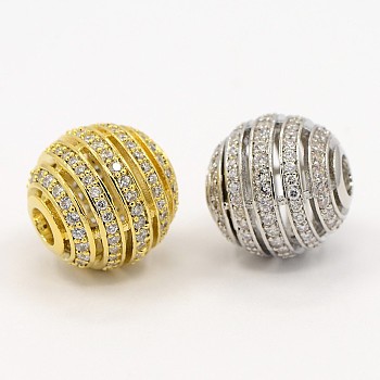 Hollow Round Brass Micro Pave Cubic Zirconia Beads, Mixed Color, 13mm, Hole: 3.5mm
