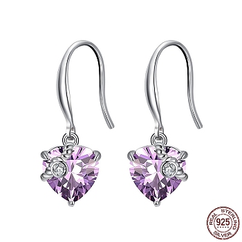 Cubic Zirconia Heart Dangle Earrings, Real Platinum Plated Rhodium Plated 925 Sterling Silver Earrings for Women, Medium Purple, 26mm