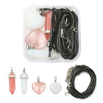 DIY Stone Pendant Necklace Making Kit, Including Heart & Bullet Opalite & Cherry Quartz Glass Pendants, Waxed Cotton Cord Necklace Making, 8Pcs/box