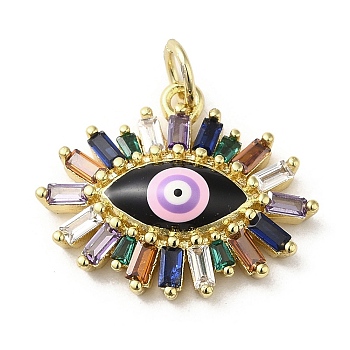 Brass Enamel Pendants, with Glass and Jump Ring, Real 18K Gold Plated, Evil Eye Charm, Black, 17x20.5x5mm, Hole: 3.5mm