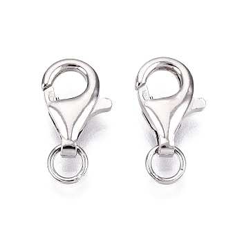 Anti-Tarnish 925 Sterling Silver Lobster Claw Clasps, with Jump Rings, Platinum, 13x8.5x3.5mm, Hole: 3.2mm