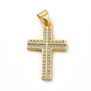 Rack Plating Brass Micro Pave Cubic Zirconia Pendants, Cadmium Free & Lead Free, Real 18K Gold Plated, Religion Cross Charm, Clear, 29x19x2mm, Hole: 4x3.5mm