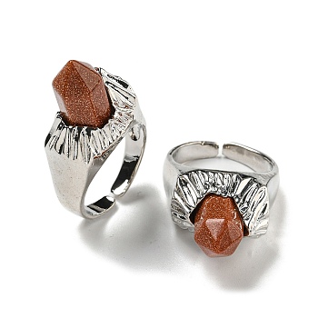 Hexagonal Prism Synthetic Goldstone Open Cuff Rings, Rack Plating Brass Ring for Unisex, Inner Diameter: Adjustable