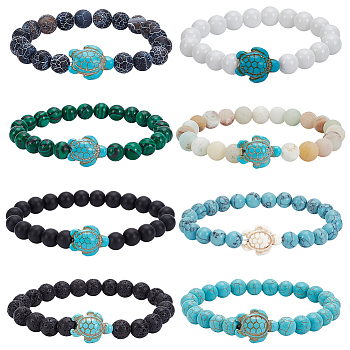 8Pcs 8 Colors Resin Tortoise Beaded Stretch Bracelets Set, Imitation Gemstone Jewelry for Women, Mixed Color, Inner Diameter: 2-3/8 inch(6cm), 1Pc/color