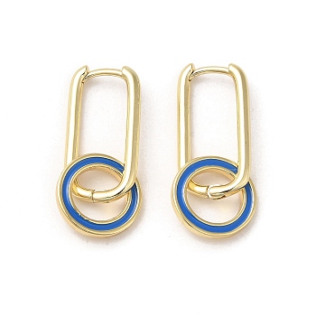 Real 18K Gold Plated Brass Ring Dangle Hoop Earrings, with Enamel, Blue, 30x13mm