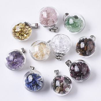 Transparent Globe Glass Bubble Cover Pendants, with Rhinestone or Dyed Natural Gemstones Inside and 304 Stainless Steel Bails, Round, Stainless Steel Color, 19.5x16mm, Hole: 2.5x5mm