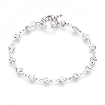304 Stainless Steel Link Chain Bracelets, with Toggle Clasps, Heart, Stainless Steel Color, 8 inch(20.4cm), 5mm