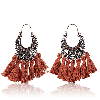 SHEGRACE Alloy Dangle Chandelier Earrings, with Epoxy and Yarn Tassel, Red Copper, Indian Red, 76x60mm