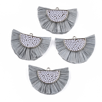 Raffia Tassel Pendants, with Micro Beads & Alloy Findings, Fan Shaped, Golden, Slate Gray, 31~33x47x7~8mm, Hole: 2mm