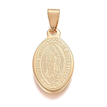 304 Stainless Steel Pendants, Oval with Virgin Mary, Golden, 27x15x1.5mm, Hole: 3.5x8.5mm