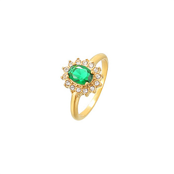 Cubic Zirconia Oval Finger Ring, Golden Stainless Steel Finger Ring, Green, US Size 6(16.5mm)