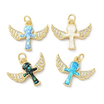 Brass Micro Pave Clear Cubic Zirconia Pendants, with Synthetic Opal and Jump Ring, Real 18K Gold Plated, Wing, 16x20x2.5mm, Hole: 3.6mm