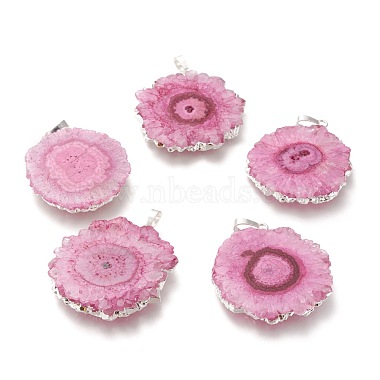 Silver Hot Pink Flower Quartz Pendants